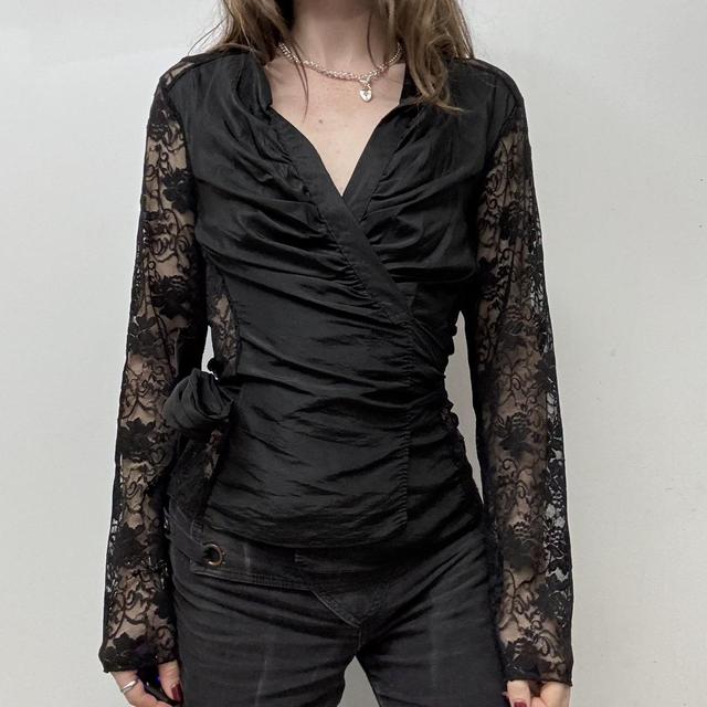 Black lace crinkle wrap top