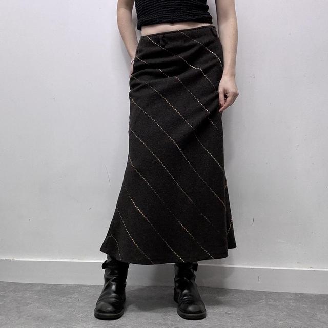 Brown pinstripe diagonal wool midi skirt