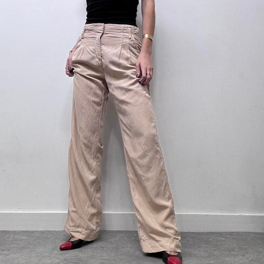 Tan pleated front wide leg trousers