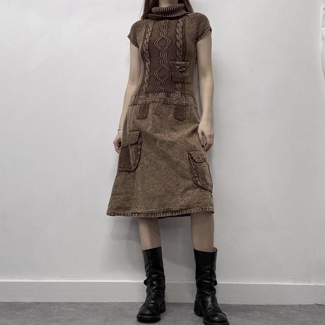 Brown distressed cable knit cargo denim dress