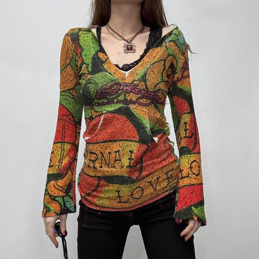 Graphic patterned slouchy flared hoodie