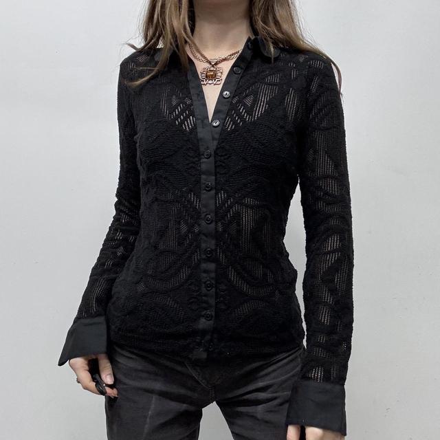 Sheer lace mesh flared black shirt