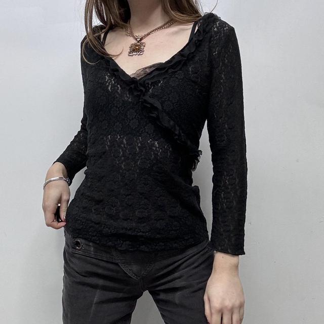 Black sheer lace wrap ruffle shirt