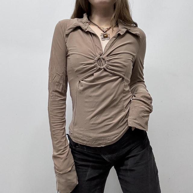 Tan fitted flare gathered shirt