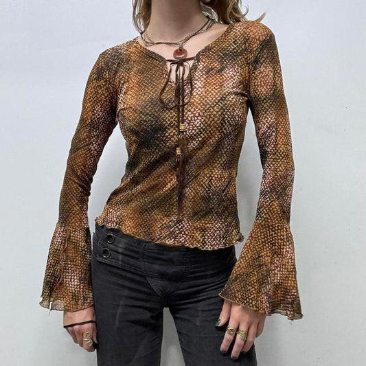 Boho fairy snake print mesh flared top