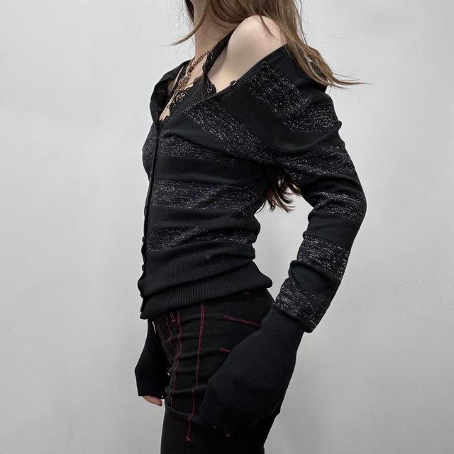 Black striped slouchy wide neck cardigan