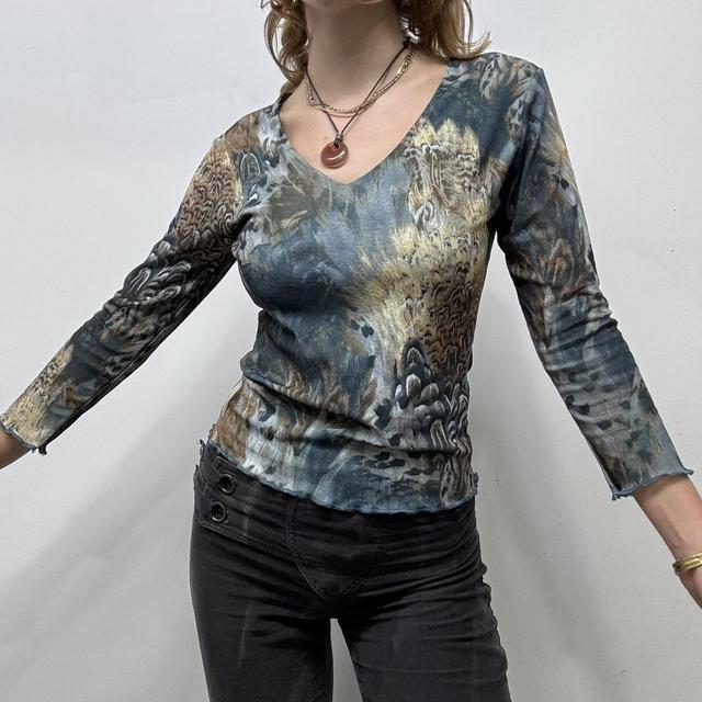 Sheer blue micro mesh paisley top