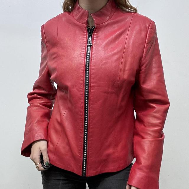 Red leather diamond studded zip jacket