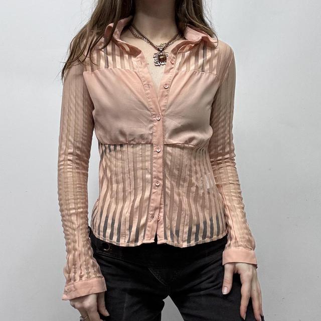 Pink mesh pinstripe sheer flared shirt