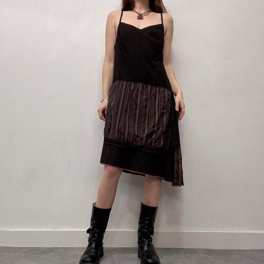 Brown pinstripe asymmetric cargo dress