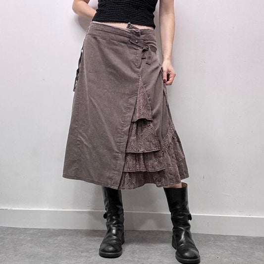 Brown lace asymmetric fairy midi skirt