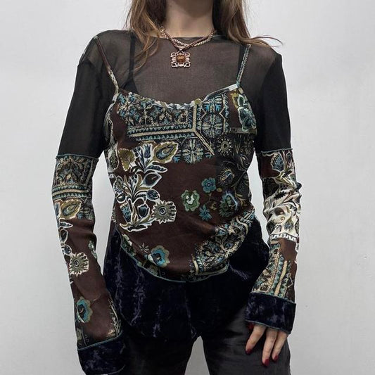 Sheer layered paisley print velvet fairy top