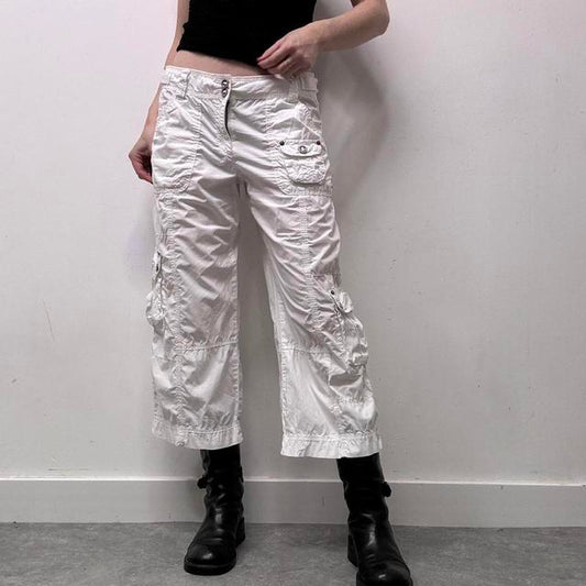 White utility cargo capri pants