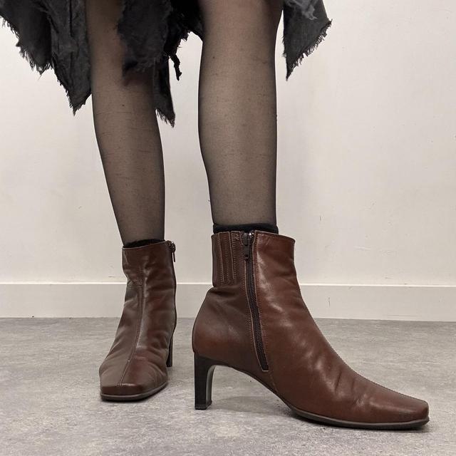 Brown leather heel ankle boots