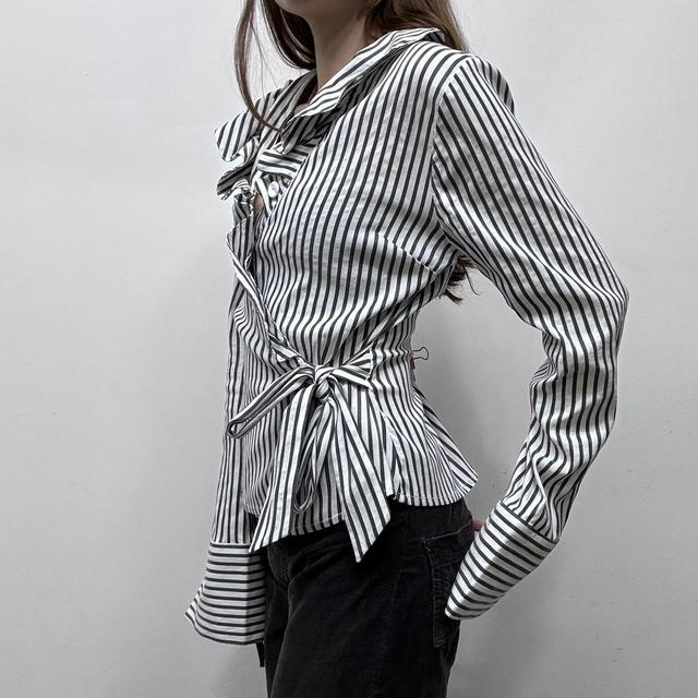 White pinstripe wrap ruffle shirt