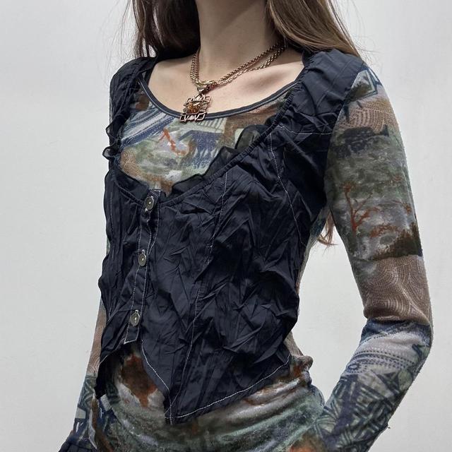 Sheer graphic patterned layered waistcoat top