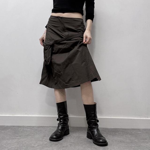 Brown pinstripe flared cargo midi skirt