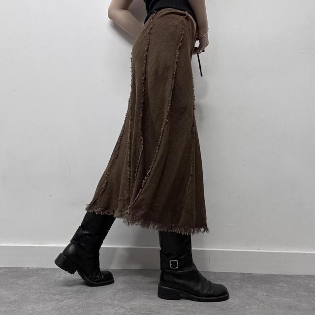 Brown distressed frayed maxi skirt