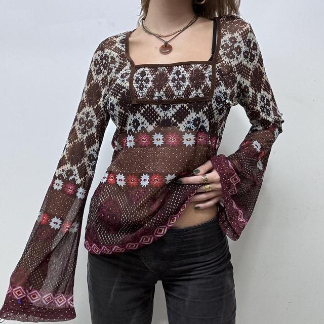 Boho flared brown micro mesh top