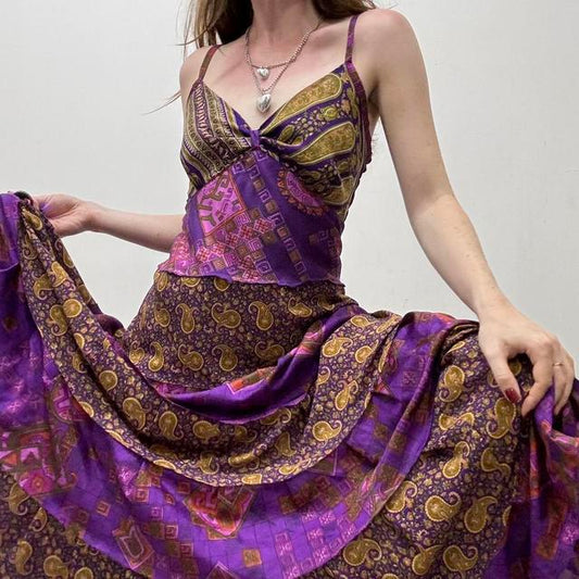 Flared maxi silk paisley print dress