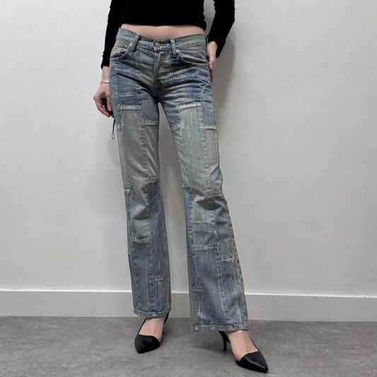 Distressed denim patchwork jeans
