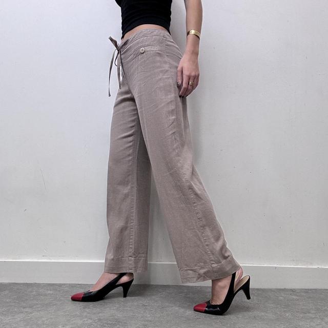 Beige flared wide leg linen trousers
