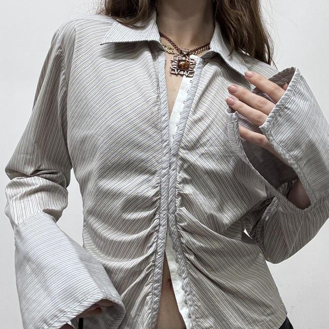 Corset gathered pinstripe flared office shirt