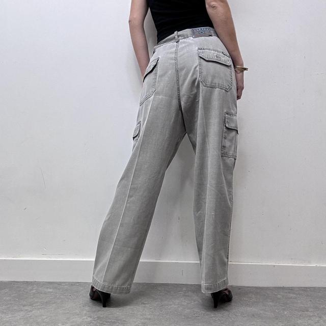 Wide leg flared khaki distressed utility trousers