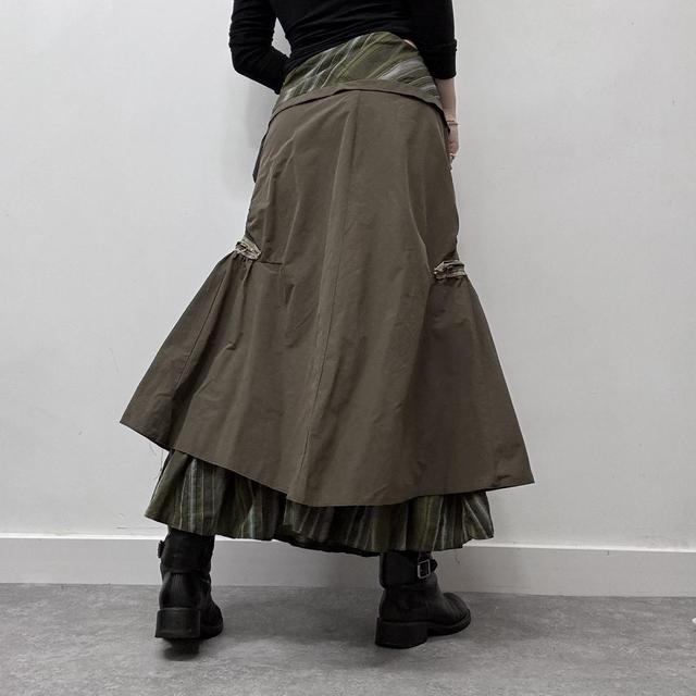 Khaki pinstripe asymmetric layered maxi skirt