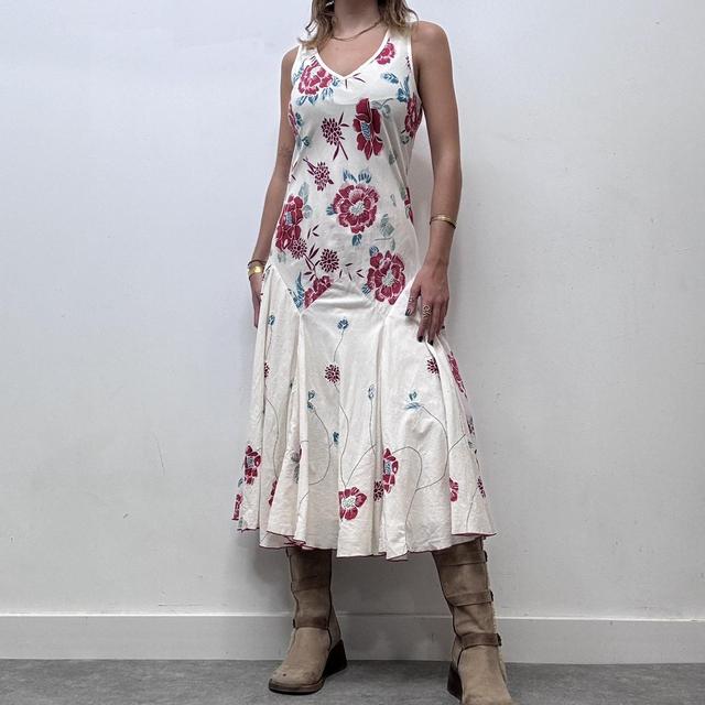 White flared bias cut floral maxi dress