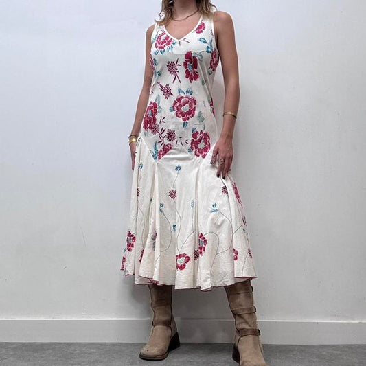 White flared bias cut floral maxi dress