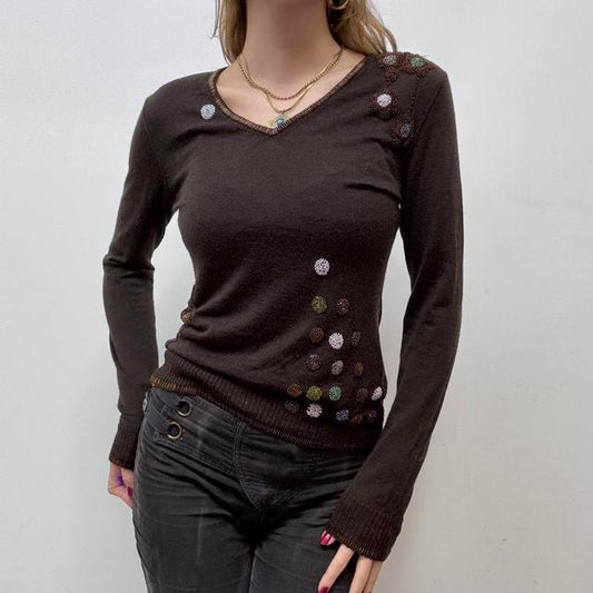 Brown beaded v-neck jumper