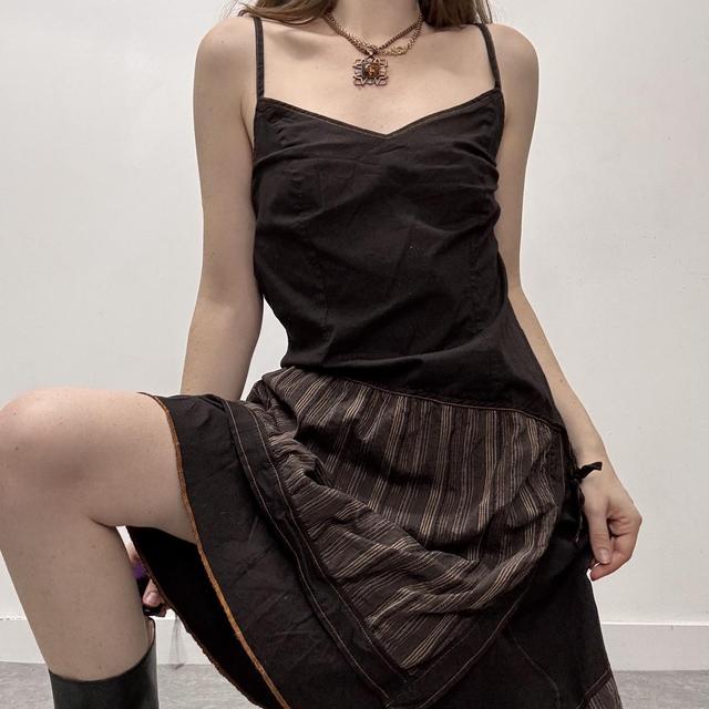 Brown pinstripe asymmetric cargo dress