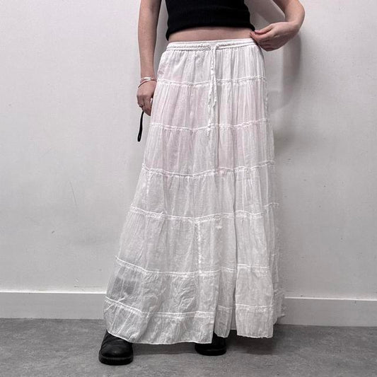 White cotton tiered maxi skirt