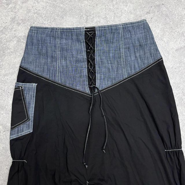Denim panelled ruched maxi skirt