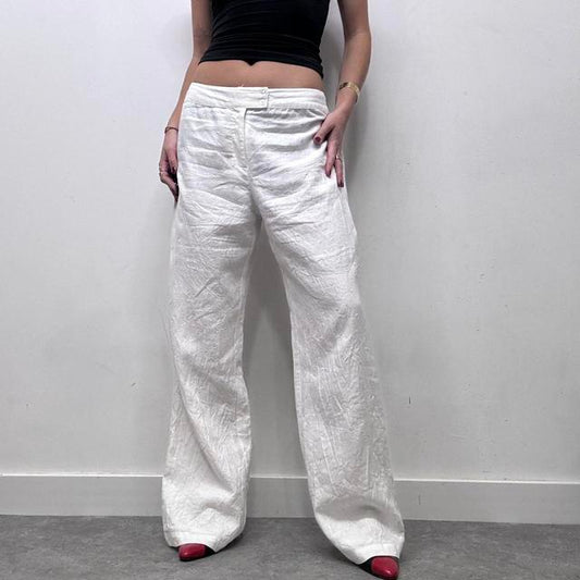 White linen flared wide leg trousers