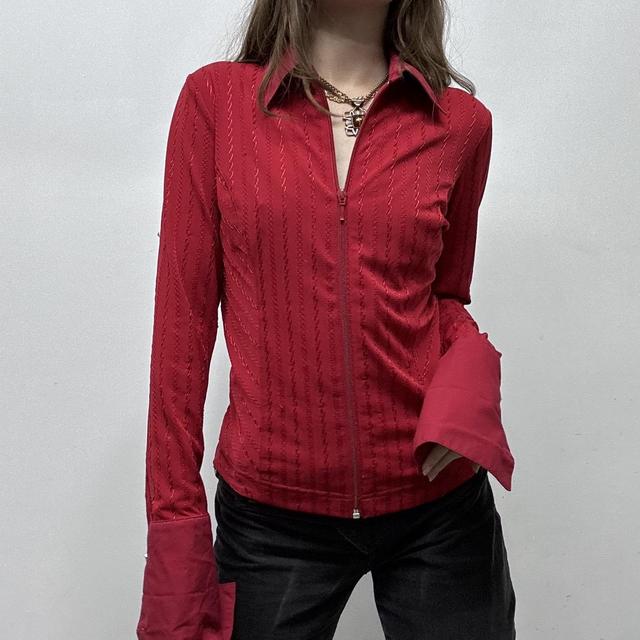 Red zip up pinstripe flared shirt