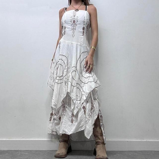White handkerchief layered embroidered puff maxi dress