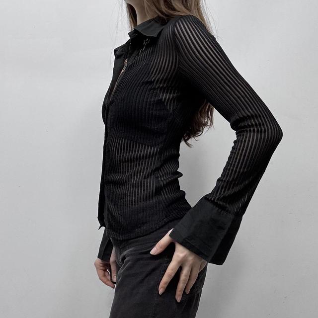 Black textured pinstripe sheer flared shirt