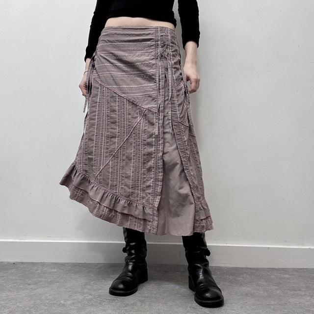Pinstripe asymmetric flared midi skirt