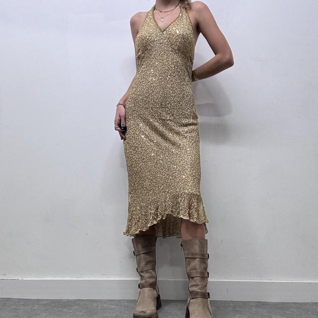 Gold beaded silk halter neck midi dress