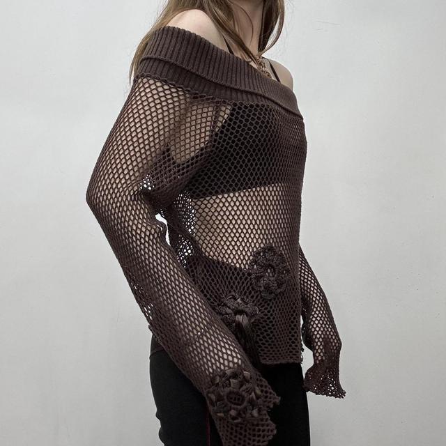 Sheer brown mesh lace off the shoulder top