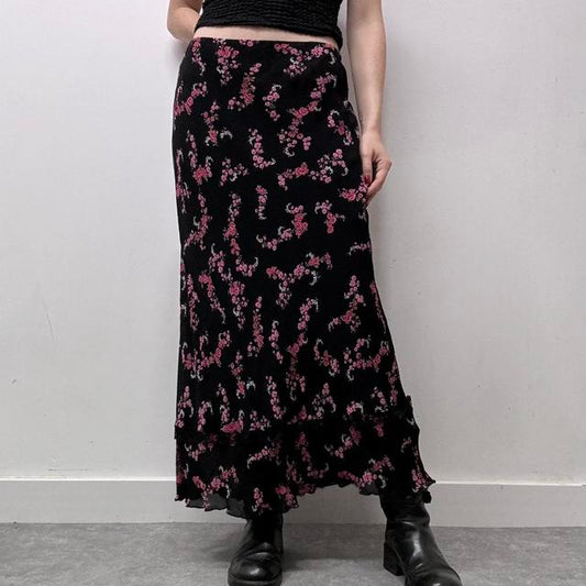 Black floral lace bias cut skirt