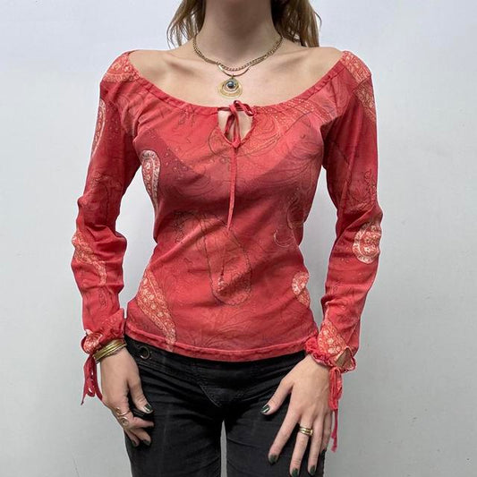 Sheer paisley mesh puff top