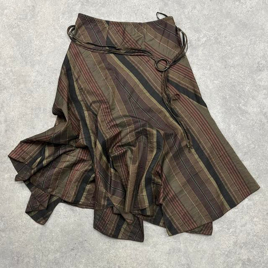 Khaki brown pinstripe asyemmtric maxi skirt