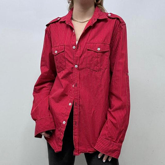 Red flared pinstripe fitted shirt