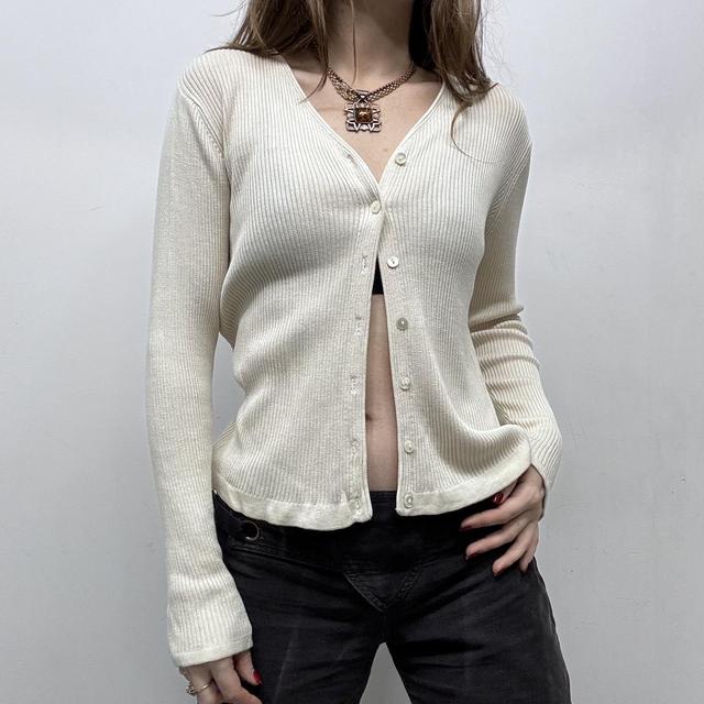 Cream ribbed shouchy silk knit cardigan