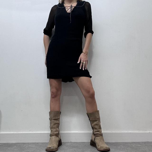 Black crinkle silk bow neck mini dress