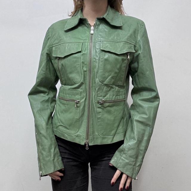 Green leather cargo jacket