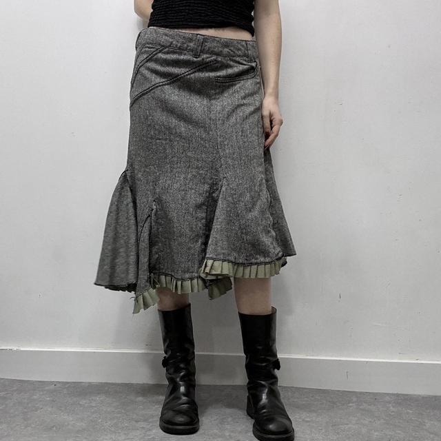 Flared grey tweed archival asymmetric midi skirt